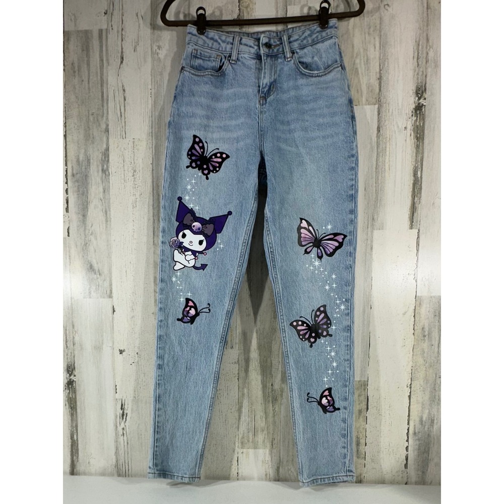 Sanrio Kuromi Jeans Size 1 Light Wash Butterfly Graphic High Rise Kawaii Anime